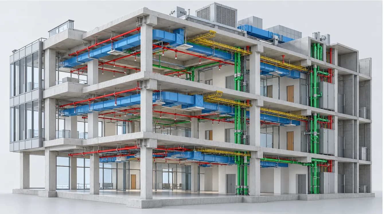 Integrated BIM model showing structure and MEP systems