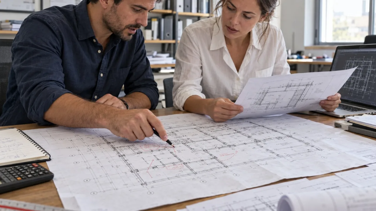 Engineers reviewing technical drawings