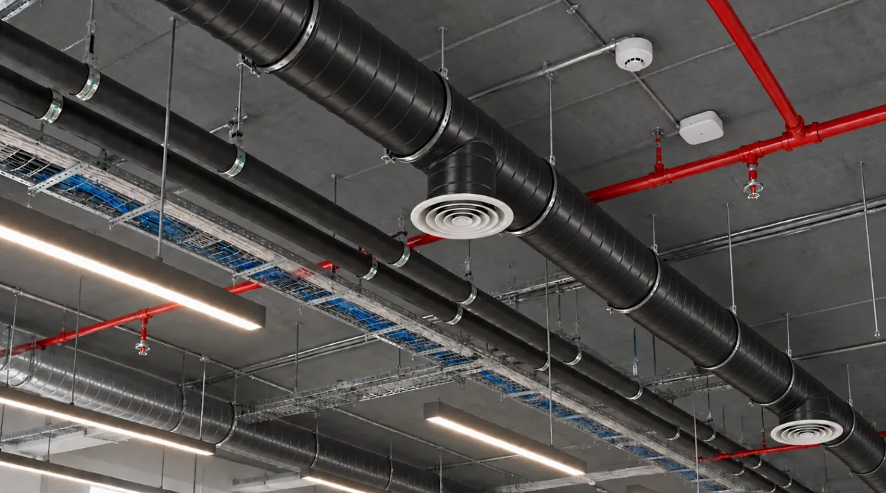 MEP systems with ducts, fire piping and services